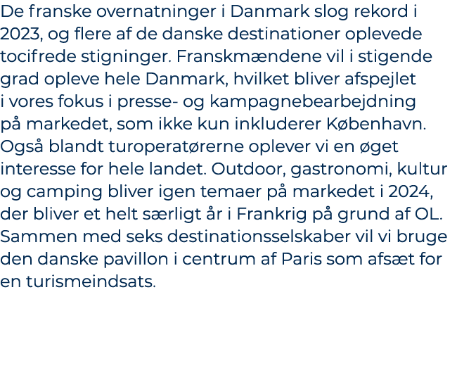 De franske overnatninger i Danmark slog rekord i 2023, og flere af de danske destinationer oplevede tocifrede stignin...