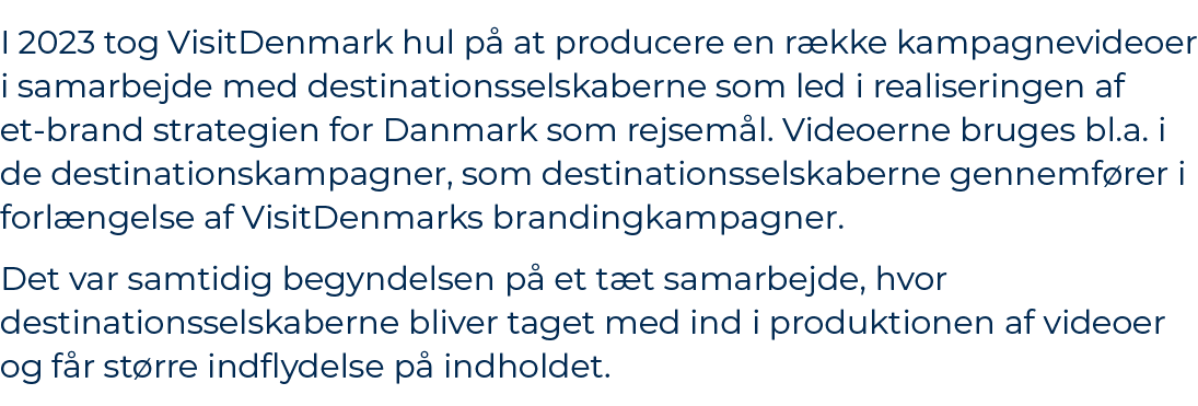 I 2023 tog VisitDenmark hul p at producere en r kke kampagnevideoer i samarbejde med destinationsselskaberne som led...